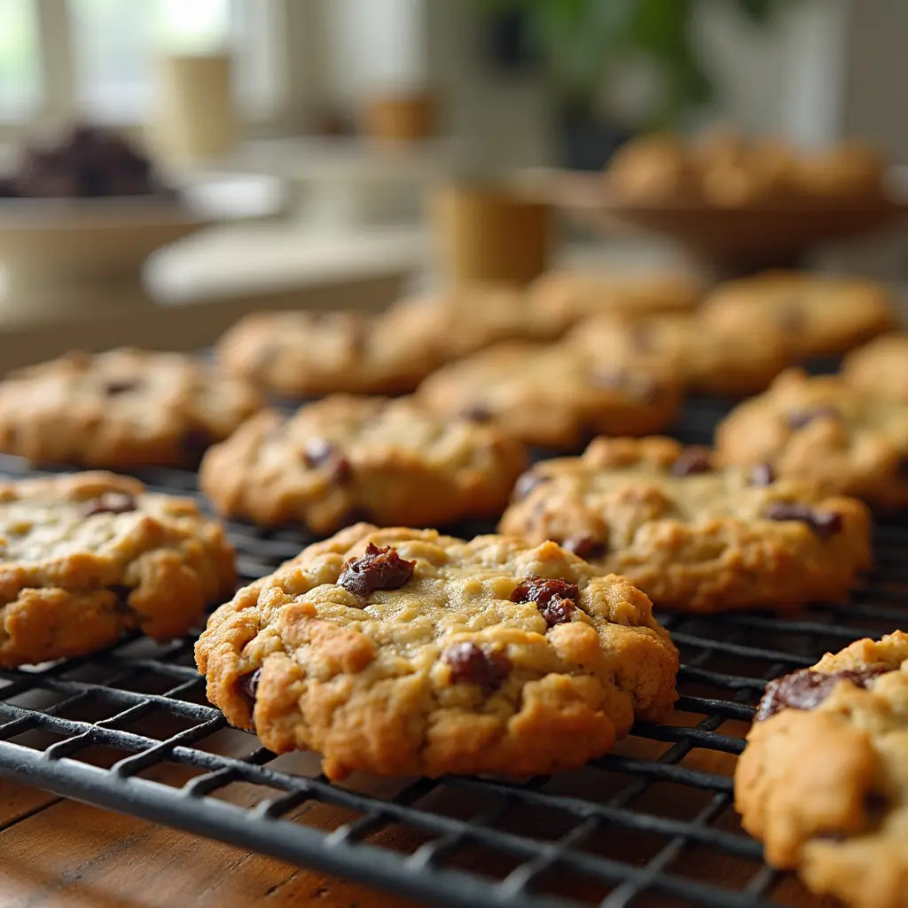 Golden brown banana oatmeal cookies with chocolate